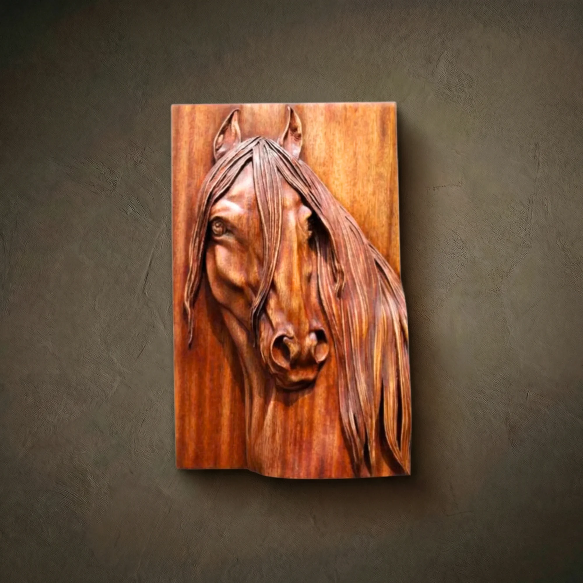 Hand-carved Iroko wood horse portrait wall art with deep relief. Detailed sculpture of a horse head with a flowing mane, featuring natural wood grain and a natural oil finish. Studio-made equestrian decor for premium interiors.
