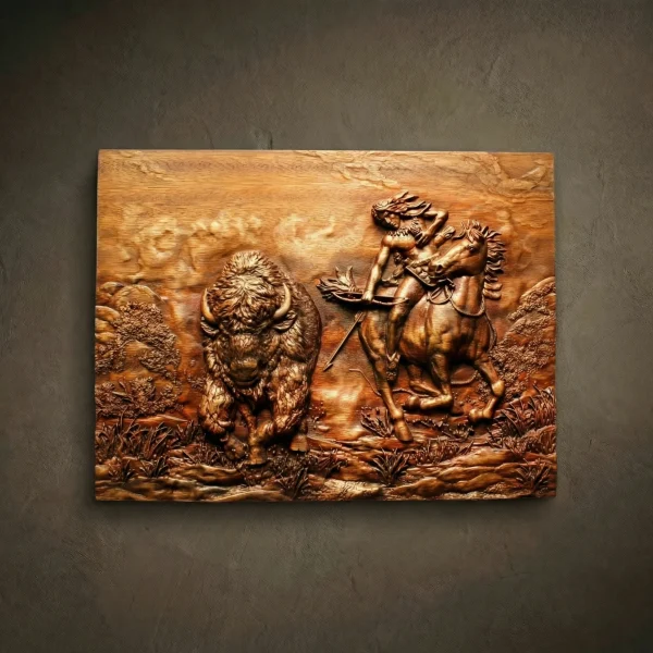 Iroko Wood Carved Picture, Native American Buffalo Hunt, Shaman Decor
