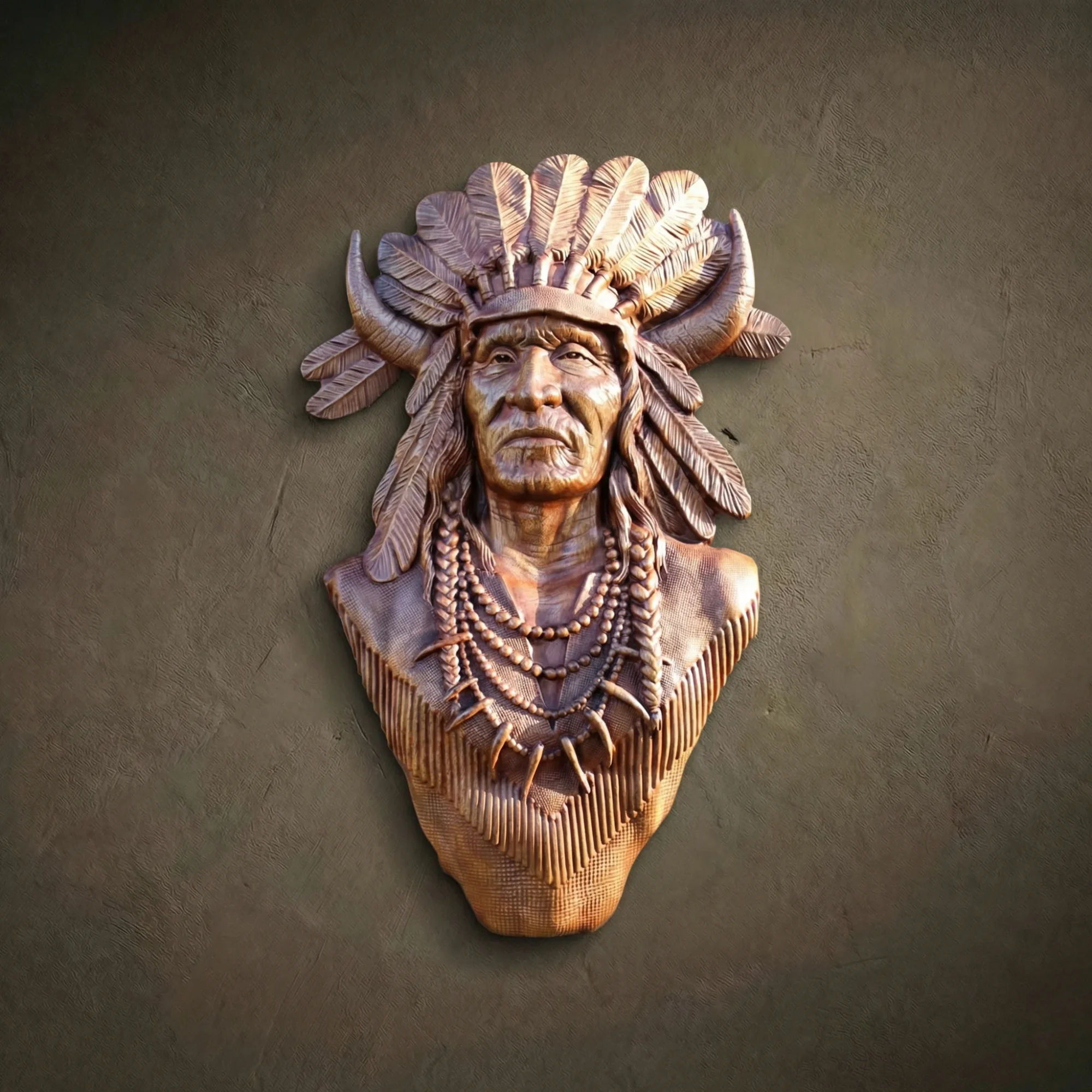 High-relief wall bust of a Native American Chief hand-carved from solid Iroko hardwood. Features a traditional eagle feather war bonnet with integrated horns and intricate beaded necklaces. Detailed facial features showing age and wisdom. Natural amber-brown oil finish highlights the dense grain of the Iroko wood. A museum-quality masterpiece for luxury interiors or private collections.
