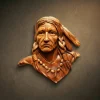 High-relief wall bust of a Native American warrior hand-carved from solid Iroko hardwood. The sculpture features detailed facial weathering, braided hair with two eagle feathers, and a traditional necklace made of beads and animal talons. Hand-finished with natural oils to accentuate the deep golden-brown grain and anatomical precision of the Iroko wood. A museum-quality ethnographic art piece for luxury interiors.
