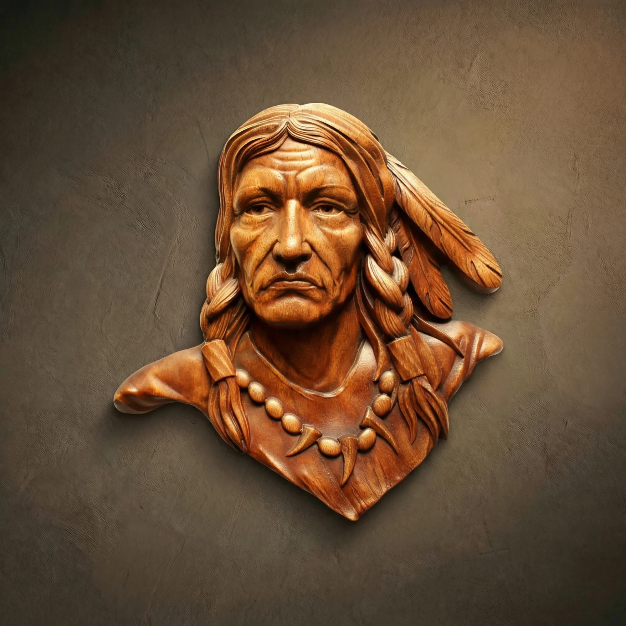 High-relief wall bust of a Native American warrior hand-carved from solid Iroko hardwood. The sculpture features detailed facial weathering, braided hair with two eagle feathers, and a traditional necklace made of beads and animal talons. Hand-finished with natural oils to accentuate the deep golden-brown grain and anatomical precision of the Iroko wood. A museum-quality ethnographic art piece for luxury interiors.