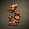 Narrative wood sculpture carved from solid Iroko, featuring a Native American warrior, a howling wolf, and a ceremonial drummer. The piece incorporates intricate cut-outs and high-relief textures. Finished with natural oils to showcase the rich golden-brown grain of the Iroko hardwood. A museum-quality artisanal centerpiece representing spiritual unity and tribal heritage.