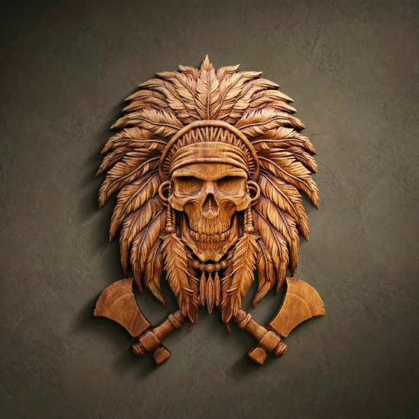 High-relief wall plaque carved from solid Iroko hardwood, featuring a realistic human skull wearing a traditional Native American war bonnet with a full circle of feathers. Two crossed tomahawks are positioned at the base of the skull. The intricate design highlights the delicate textures of the feathers, wood grain on the axe handles, and the weathered bone surface. Hand-finished with natural oils to accentuate the rich golden-amber tones of the Iroko wood. A bold, symbolic masterpiece for luxury tribal or gothic-themed interiors.