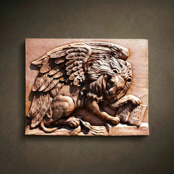 Hand-Carved Iroko Wood Lion Sculpture, Bas Relief Wall Art