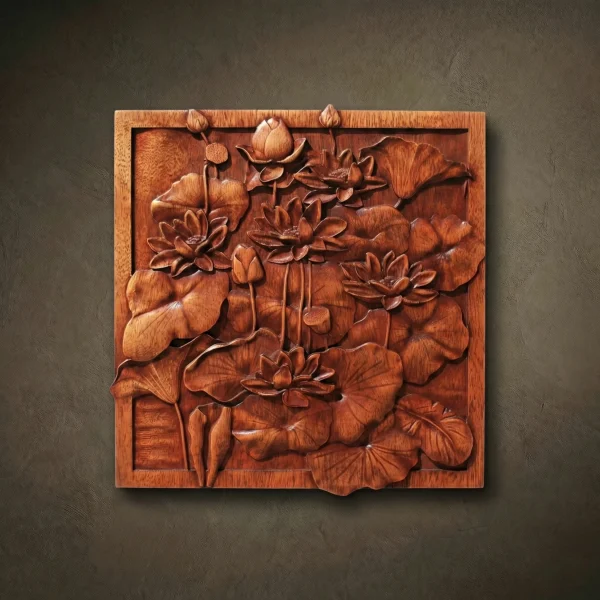 Hand Carved Lotus Wood Plaque, Iroko Wood, Meditative Wall Art