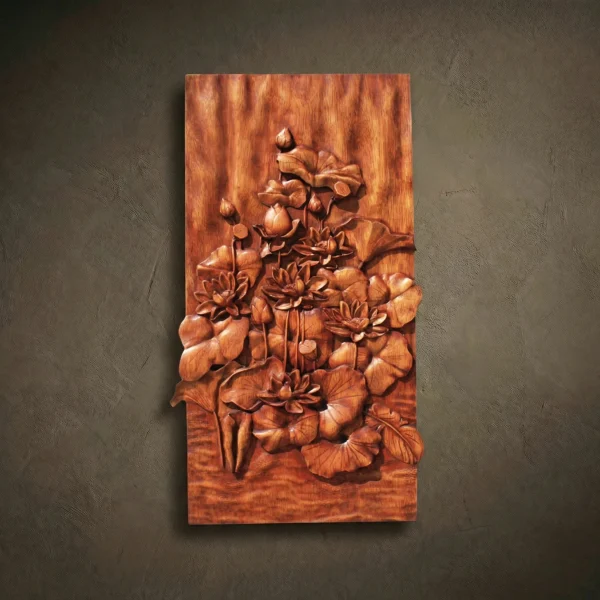 Lotus Wood Carved Plaque: Iroko, Meditative Floral Wall Decor