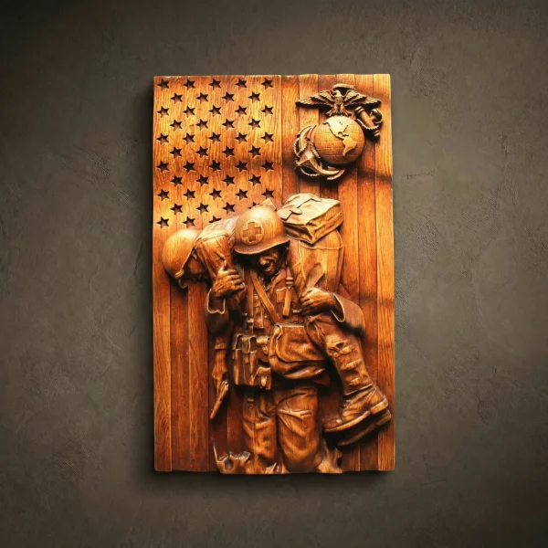 Hand-carved Iroko wood relief sculpture of a combat medic carrying a wounded soldier. Detailed battlefield scene featuring the American flag and the U.S. Marine Corps Eagle, Globe, and Anchor emblem, finished with natural oil to highlight the rich wood grain.