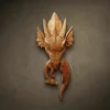 Hand-carved Iroko wood relief sculpture of a majestic Dragon's head. Intricate detailing on the scales, horns, and leathery wings, finished with natural oil to highlight the rich, warm wood grain. High-quality fantasy-themed wall art and mythical creature decor.