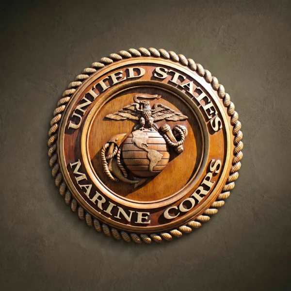 Circular wood relief carved from Iroko. Features the United States Marine Corps emblem (Eagle, Globe, and Anchor) in the center, encircled by the text "UNITED STATES MARINE CORPS" in a raised serif font. The outer border consists of a thick, carved rope motif. Solid wood with prominent natural grain and a polished oil finish.