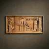 Horizontal triptych-style wall relief hand-carved from solid Iroko hardwood, showcasing New York City landmarks. The carving features the Statue of Liberty on the left, the Brooklyn Bridge with "NEW YORK" lettering in the center, and the Empire State Building on the right. High-relief details capture architectural precision and atmospheric clouds. Hand-finished with natural oils to highlight the warm, radiant grain of the Iroko wood. A premium piece of city-inspired art for luxury home or office decor.