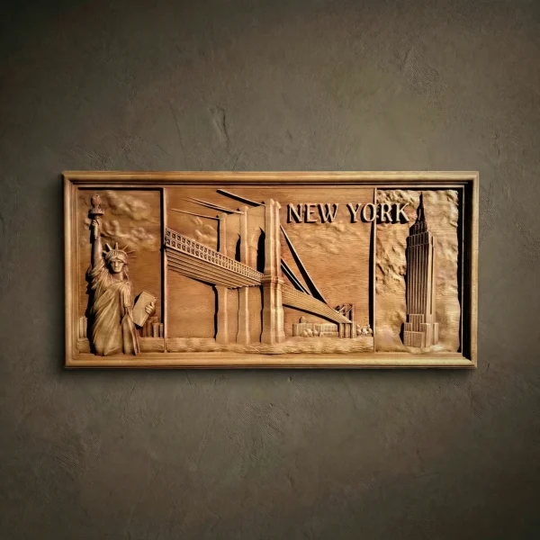 Horizontal triptych-style wall relief hand-carved from solid Iroko hardwood, showcasing New York City landmarks. The carving features the Statue of Liberty on the left, the Brooklyn Bridge with "NEW YORK" lettering in the center, and the Empire State Building on the right. High-relief details capture architectural precision and atmospheric clouds. Hand-finished with natural oils to highlight the warm, radiant grain of the Iroko wood. A premium piece of city-inspired art for luxury home or office decor.