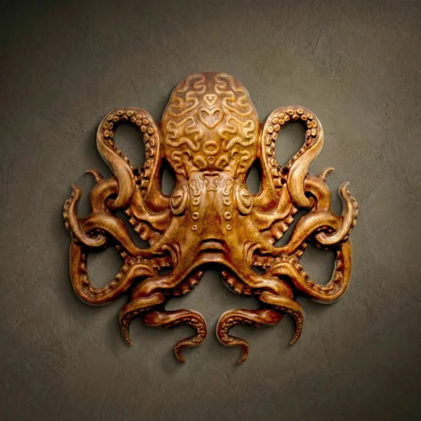 Iroko Wood Carved Octopus, Nautical Wall Art