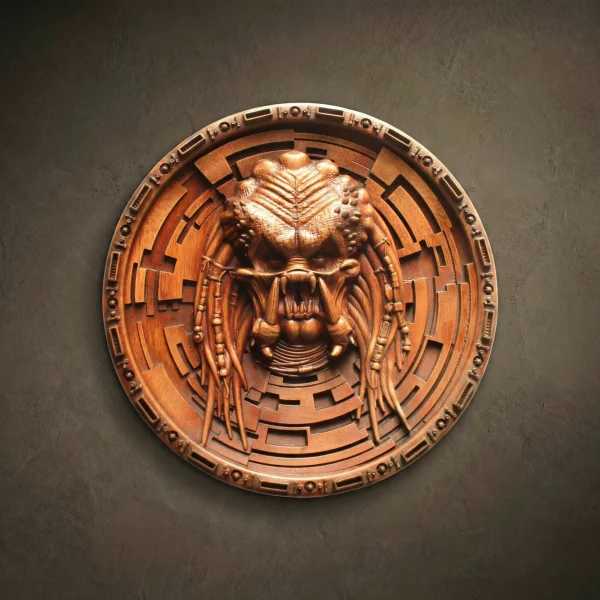 Iroko Wood Carved Predator Portrait, Horror Movie Wall Decor