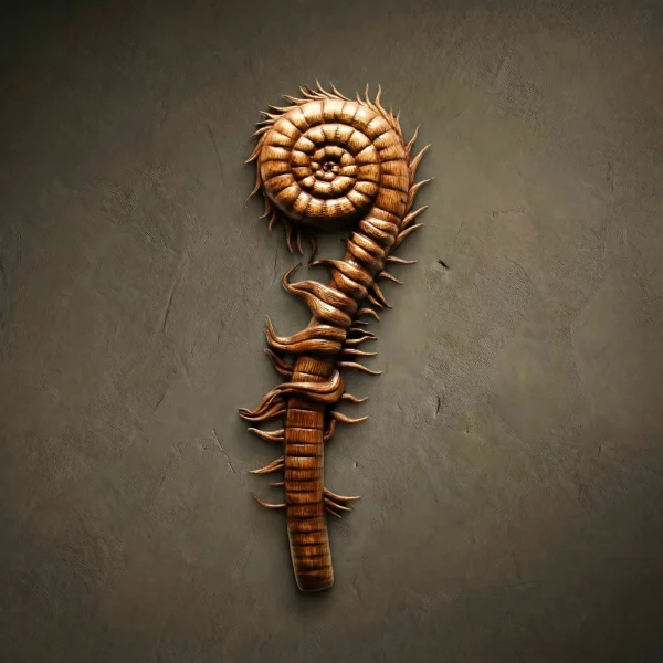 Vertical wall sculpture hand-carved from solid Iroko hardwood depicting a mystical unfurling fern sprout (fiddlehead). The design features a complex spiral head and a segmented stem with sharp, thorn-like protrusions. High-relief artisan carving with realistic organic textures. Hand-finished with natural oils to highlight the rich, dark honey-toned grain of the Iroko wood. A unique piece of dark botanical and witchcraft-inspired home decor.