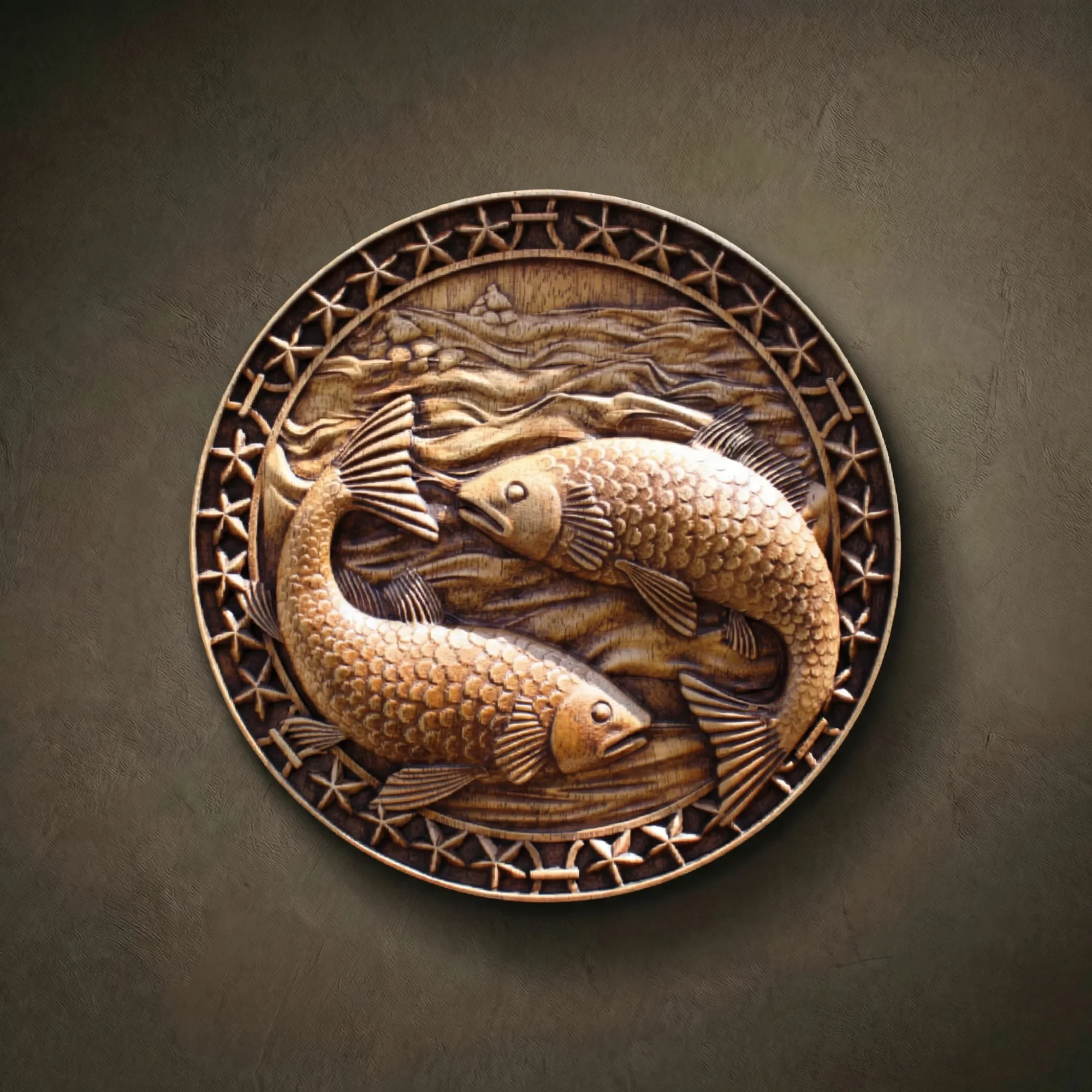 Custom hand-carved Iroko wood round relief sculpture of the Pisces Zodiac sign. This serene astrological carving features two detailed fish swimming in opposite directions, forming a circular flow amidst stylized ocean waves. The piece is framed by a decorative border of stars and Pisces glyphs, finished with natural oil to highlight the rich, warm wood grain. A premier example of bespoke zodiac wall art and custom-made celestial wood carvings.