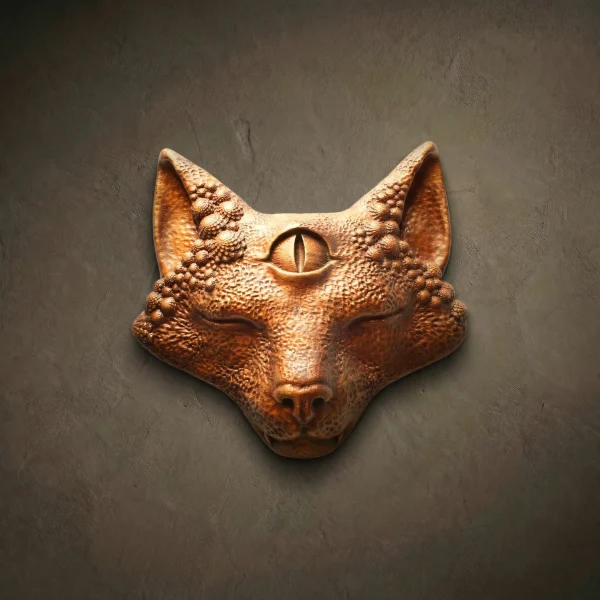 Psychedelic third eye cat wood carving, Iroko wood 3D head relief with textured skin, mystical Cat Spirit wall art.