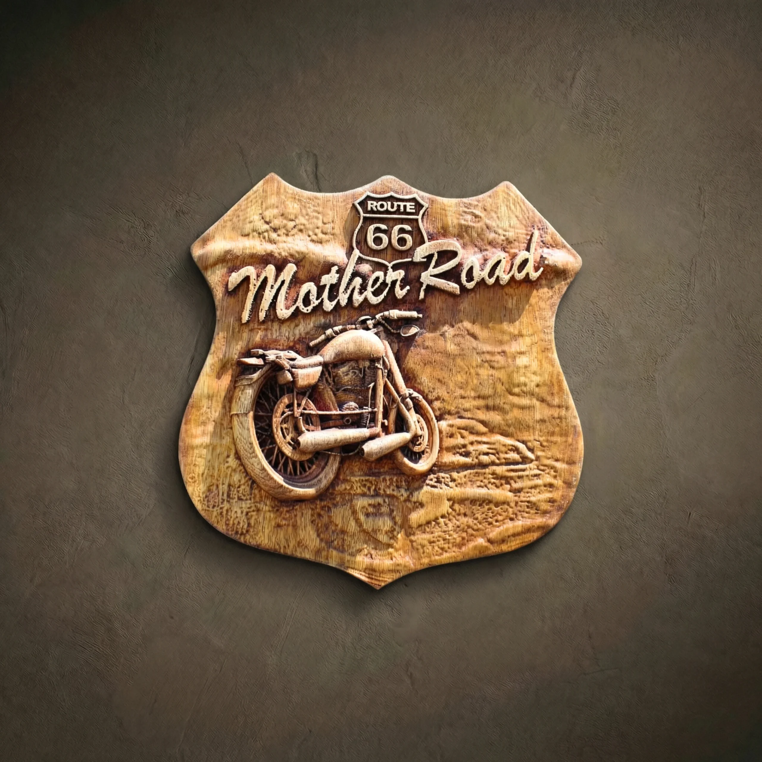 Route 66 Motorcycle Wood Carving, American Old School Wall Art - Forged ...