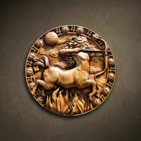Sagittarius Wood Carving Plaque: Zodiac Symbol, Iroko Wood Wall Art