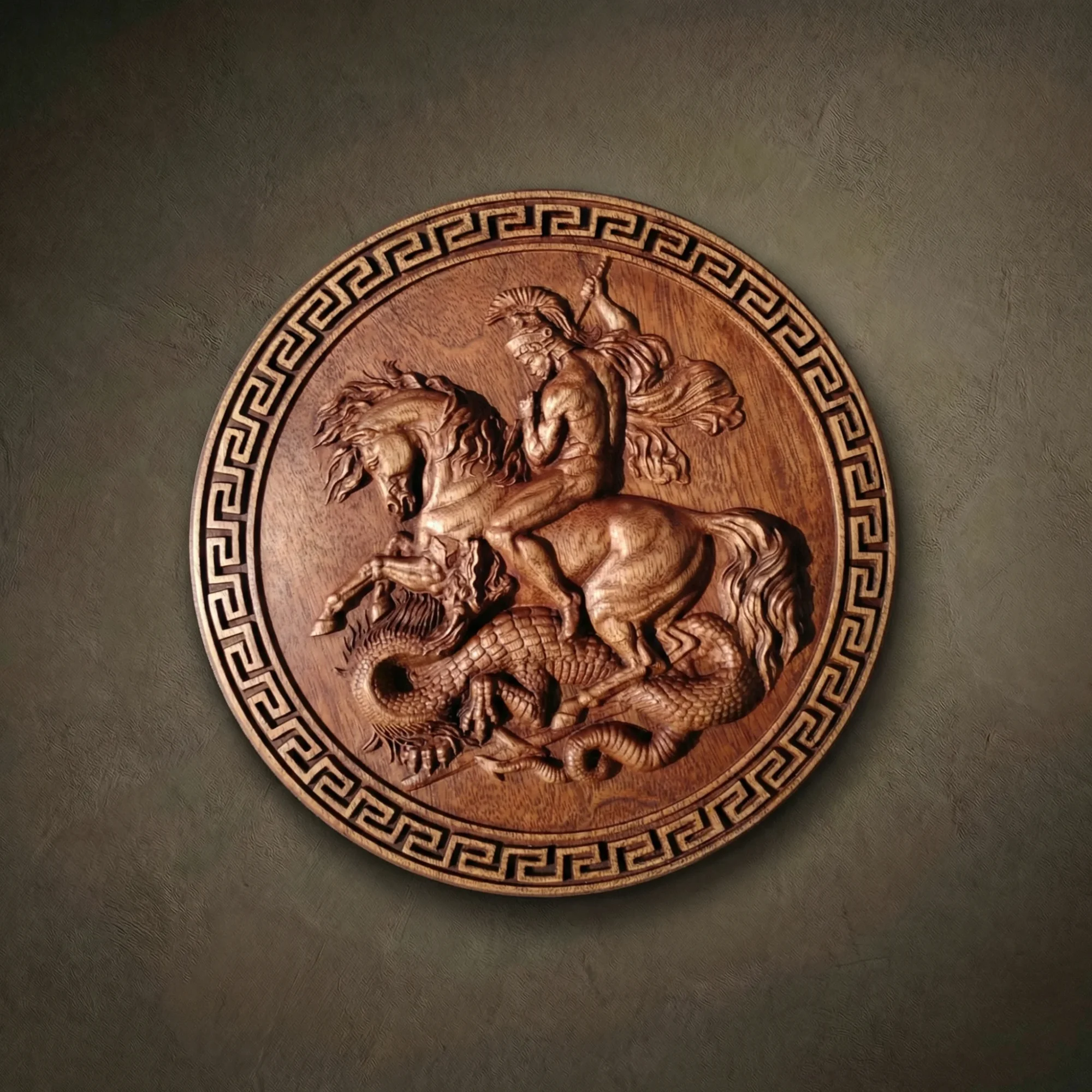 Architectural wall relief of Saint George slaying the dragon, hand-carved from solid Iroko hardwood. The high-relief sculpture showcases intricate armor details, the muscular form of the horse, and textured dragon scales. Finished with natural oils to highlight the rich amber grain and structural depth of the Iroko wood. A museum-standard sacred art piece designed as a timeless heirloom for high-end interiors.