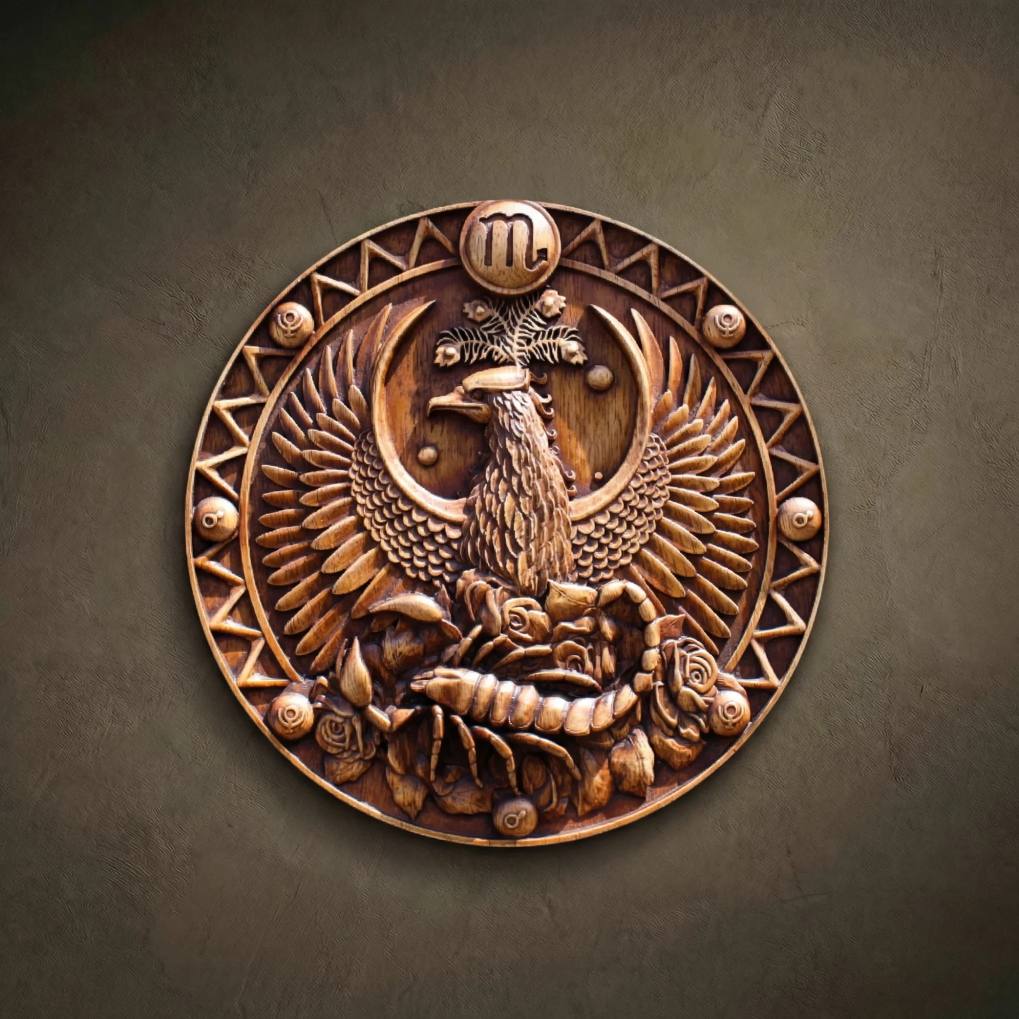 Custom hand-carved Iroko wood round relief sculpture of the Scorpio Zodiac sign. This intricate astrological carving features a central majestic eagle with outstretched wings, a detailed scorpion at the base, and occult symbols framed by a geometric border. Finished with natural oil to highlight the deep, warm wood grain. A premier example of bespoke zodiac wall art and custom-made celestial wood carvings.