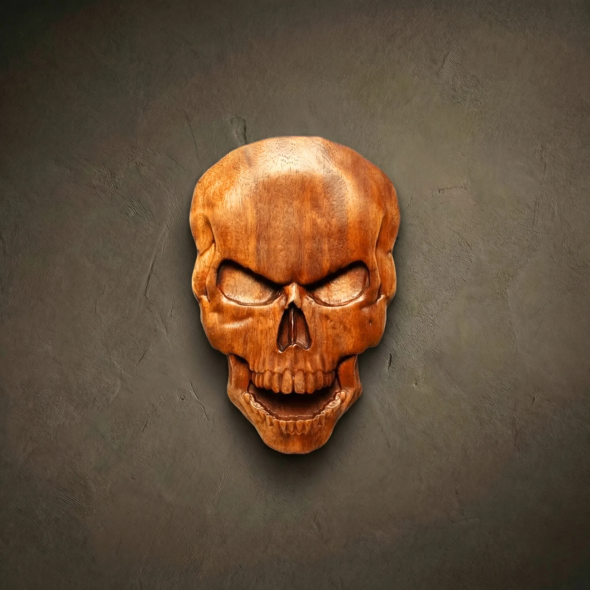 Polished human skull wood carving, Iroko wood 3D sculpture with smooth finish. Handcrafted anatomical wall art, minimalist gothic decor, solid hardwood skull relief.