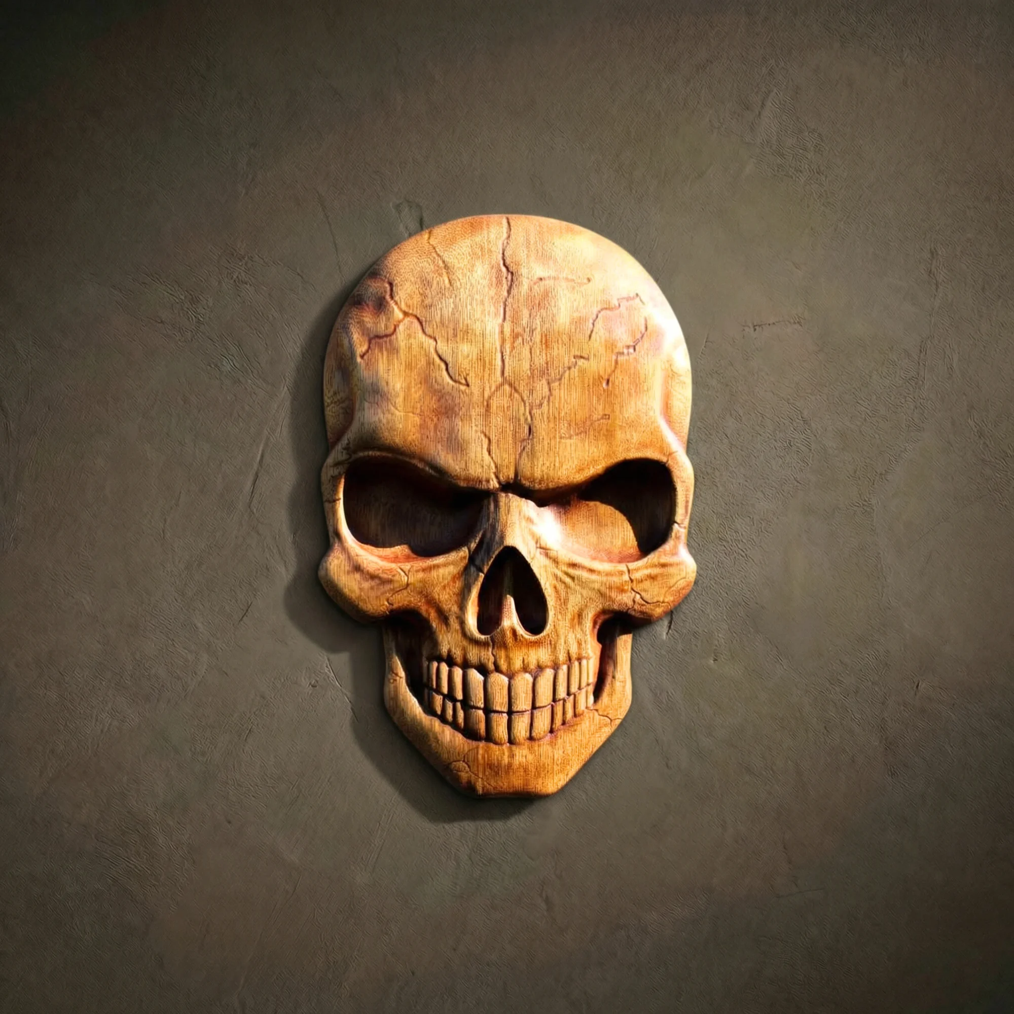Realistic human skull wood carving, Iroko wood 3D anatomical relief with detailed cracks and aged texture. Gothic brotherhood wall art, handcrafted memento mori hardwood sculpture.