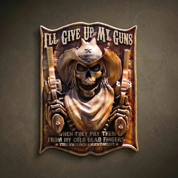 Second Amendment Wood Carving: Skull, Guns, American Liberty Symbol