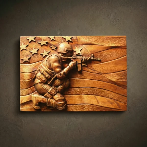 Iroko Wood Carved Military Plaque, American Flag Art