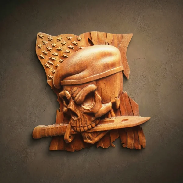 American Marine Wood Carving, Skull & Flag Wall Decor