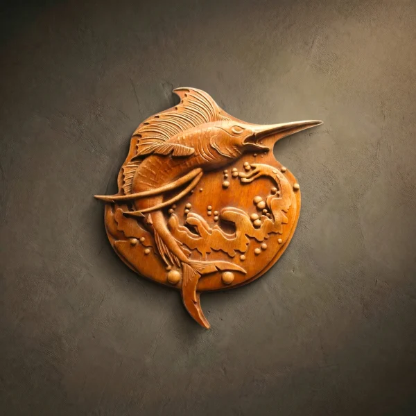 Artistic Iroko wood carving of a swordfish leaping through ocean waves. Circular relief plaque with detailed water spray and fish textures, protected with a natural oil finish.