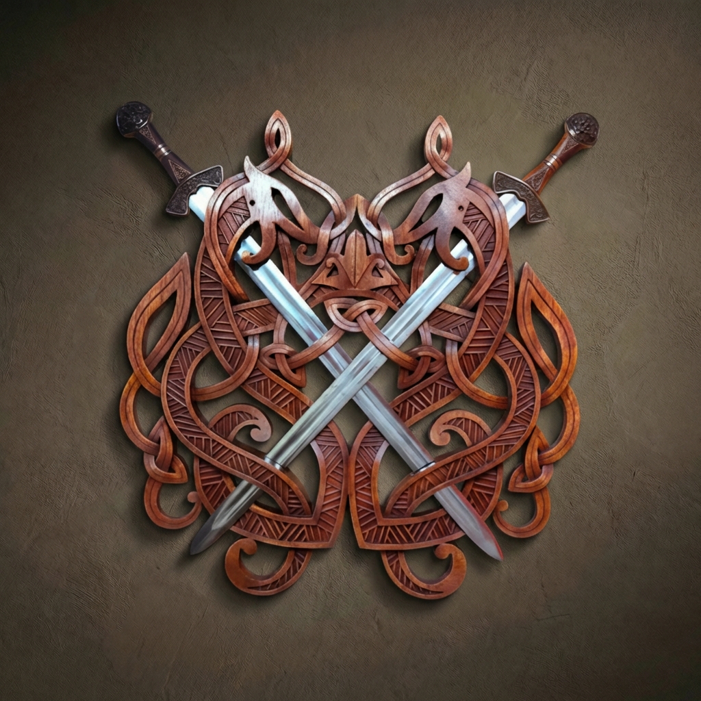 Hand-carved light wood sword display rack featuring traditional Scandinavian interlaced knotwork. Solid hardwood with a warm honey-colored natural oil finish. The openwork design depicts symmetrical mythical creature motifs, serving as a functional wall mount for two crossed swords. High-detail artisan craftsmanship with visible wood grain texture.