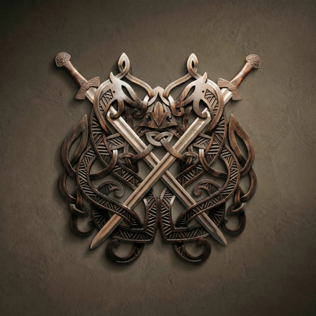 Hand-carved wooden double sword wall mount featuring intricate Norse knotwork and zoomorphic designs. Dark-stained solid hardwood with a matte finish, showcasing professional pierced carving technique. The symmetrical Viking-style interlaced pattern securely holds two crossed swords, creating a functional piece of museum-grade wall art.