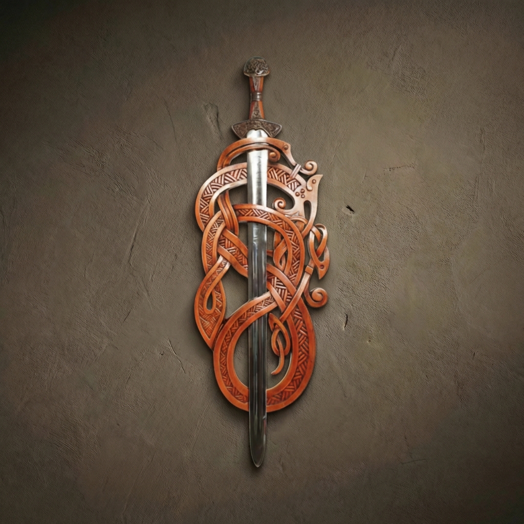 Hand-carved vertical sword wall mount featuring a dark-stained Norse serpent design. Intricate relief carving of a mythical dragon interlaced with Celtic knotwork patterns. Crafted from solid hardwood with a rich espresso finish. The functional art piece securely holds a single vertical sword, showcasing high-end craftsmanship and architectural detail.