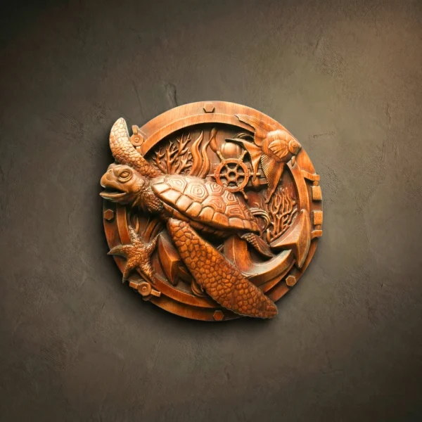 Iroko Wood Carved Turtle, Nautical Wall Decor, Rustic Art