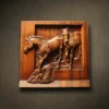 Intricate Iroko wood relief carving depicting two horses in motion within a carved frame. Deep sculptural detail showing muscular definition and natural wood texture, finished with natural oil. High-end wooden wall panel for equestrian art collectors.