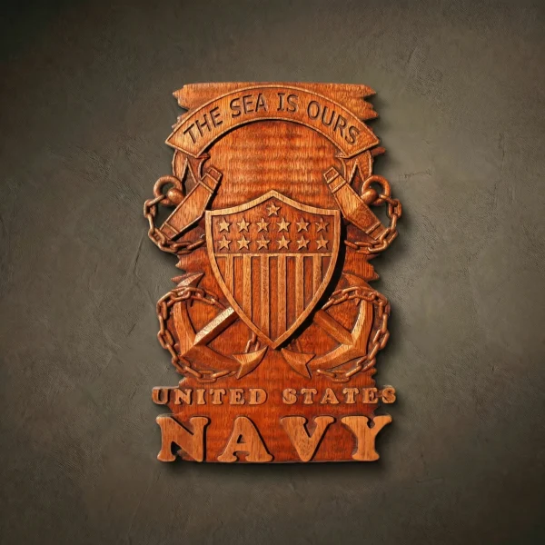 Hand-carved Iroko wood relief plaque for the United States Navy. Features a central shield with stars and stripes, flanked by anchors and chains, with the inscriptions "THE SEA IS OURS" and "UNITED STATES NAVY." Finished with natural oil to highlight the rich, warm wood grain. Patriotic maritime wall decor.