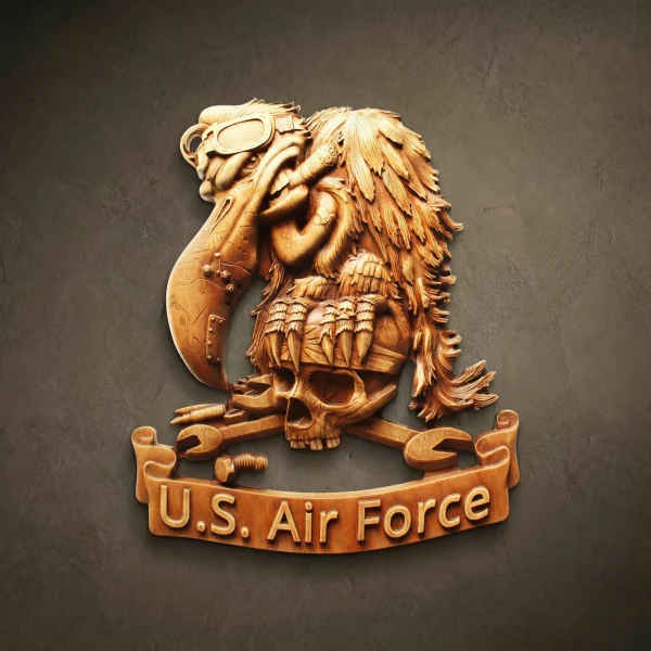 Shaped 3D wood relief carved from Iroko. Depicts a caricature of a military bird-mechanic with goggles and a cigar, perched on a skull with crossed wrenches. Features a banner at the bottom with the text "U.S. Air Force." Solid wood with natural grain and oil finish.