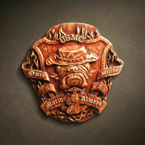 Iroko Wood Carved US Marine Plaque, Military Art Decor