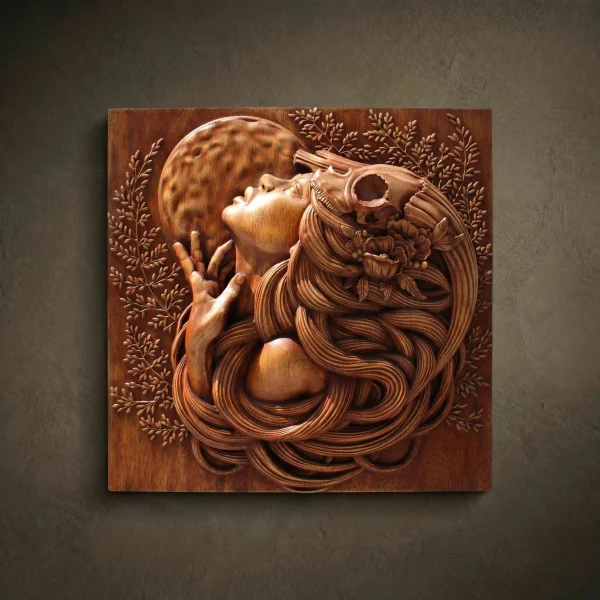 High-relief 3D wall plaque carved from solid Iroko wood, depicting a shamanic woman looking up at the moon. The design features a bird skull and flowers in her flowing hair, surrounded by delicate fern-like branches. Hand-finished with natural oils to highlight the warm, satiny grain of the Iroko hardwood. A museum-quality mystical art piece for luxury bohemian or spiritual interiors.