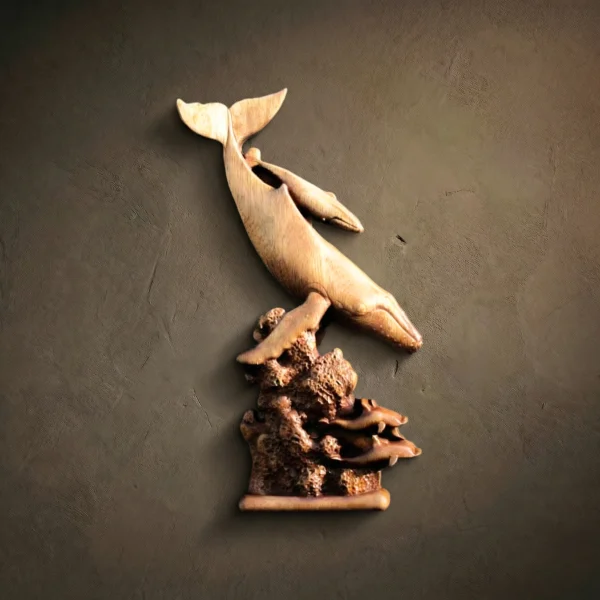 Iroko Wood Carving, Blue Whale Family, Natural Wall Hanging