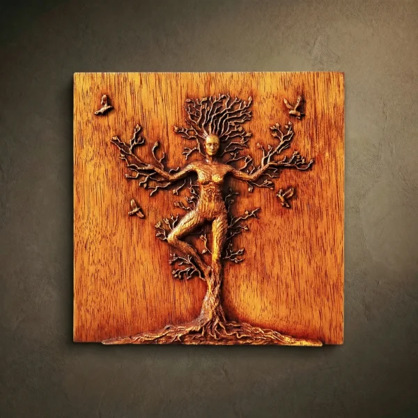 Iroko Wood Carving, Treewoman Wall Hanging, Pagan Home Decor